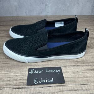 Sperry~Women's~Seaside Embossed Suede Black Slip On Sneakers~Size 8.5